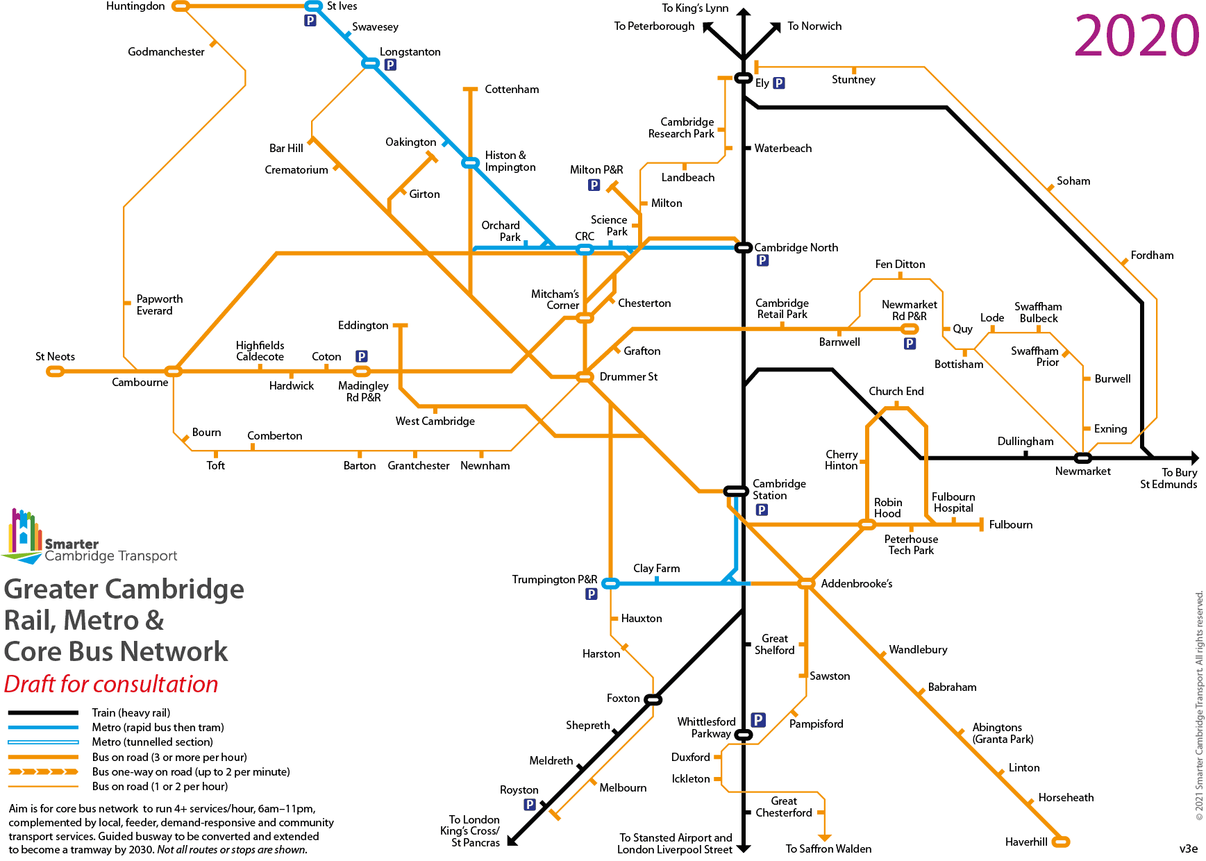 Schematic map of rail and bus network in Cambridge in 2020