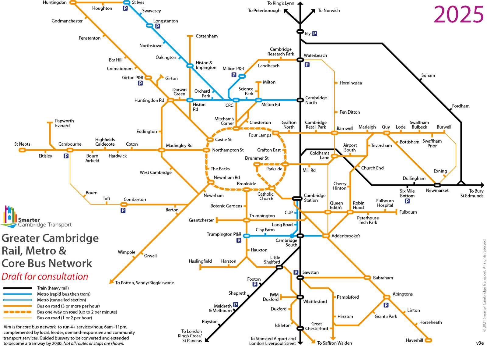 Schematic map of modified rail and bus network in Cambridge in 2025 with new rail stations