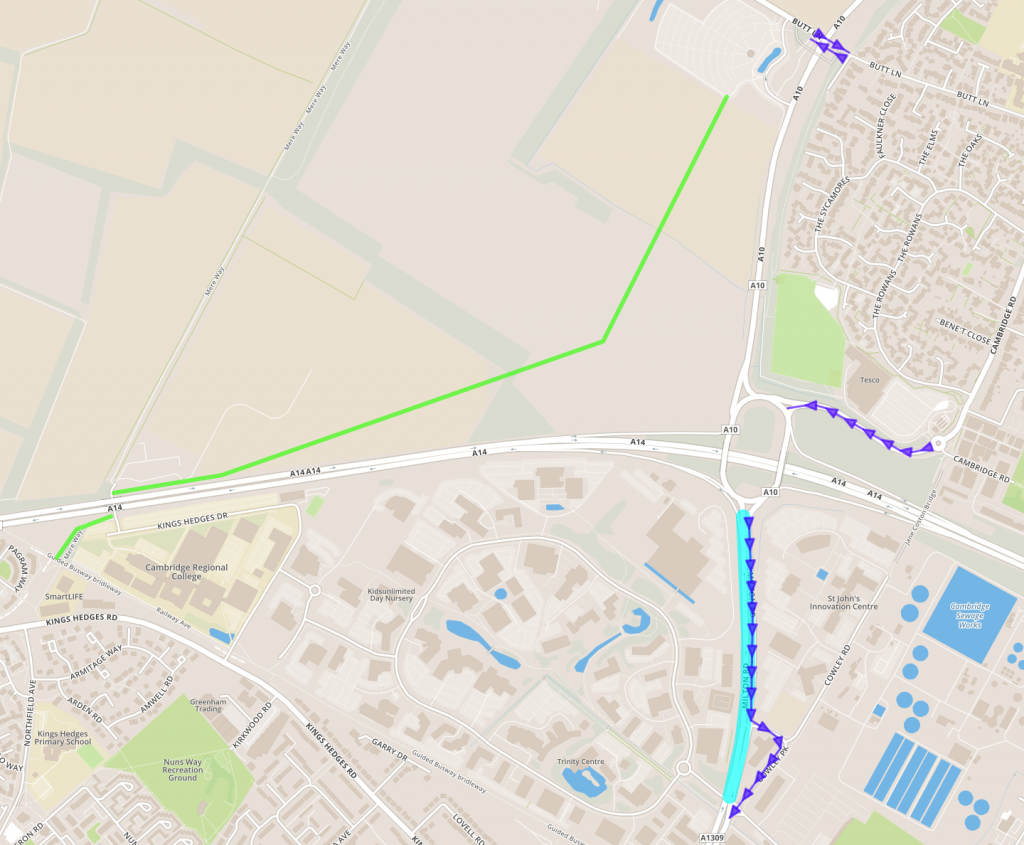 Bus priority (purple) on Butt Lane and between Tesco roundabout and A14 interchange, and cycle path from P&R site via ‘spare’ tunnel under A14 to Orchard Park junction on Guided Busway