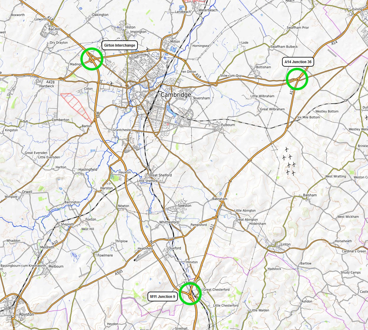Map of strategic roads around Cambridge