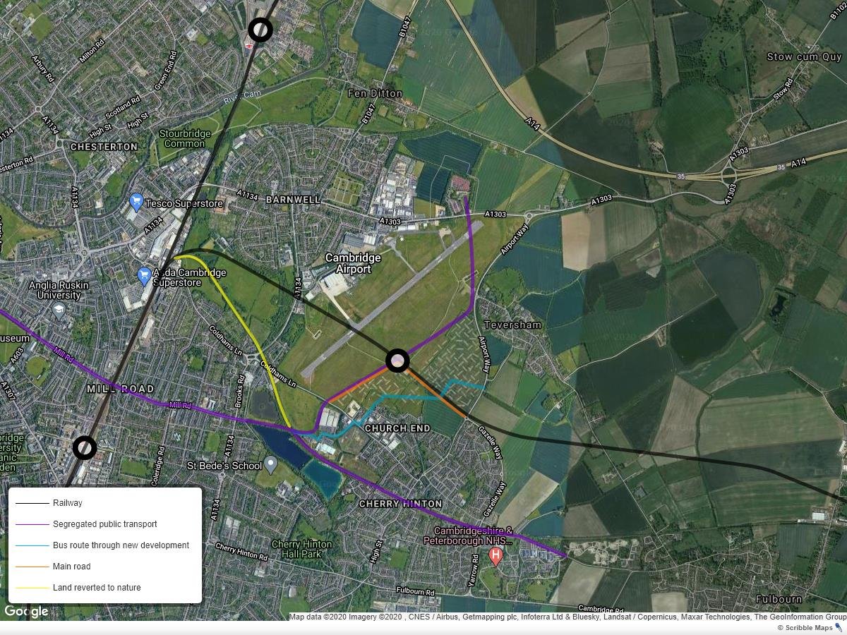 Suggested realignment of railway line and new public transport routes