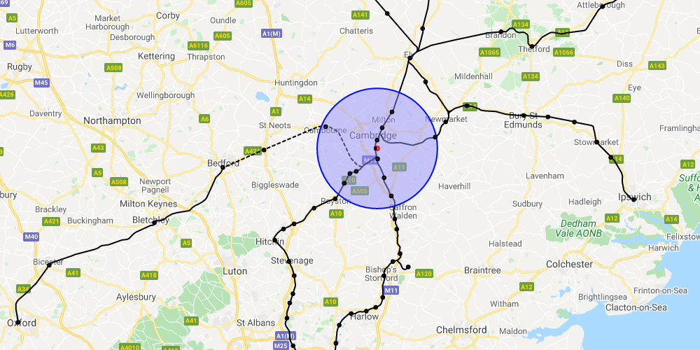 Map of railways connected to Cambridge South station